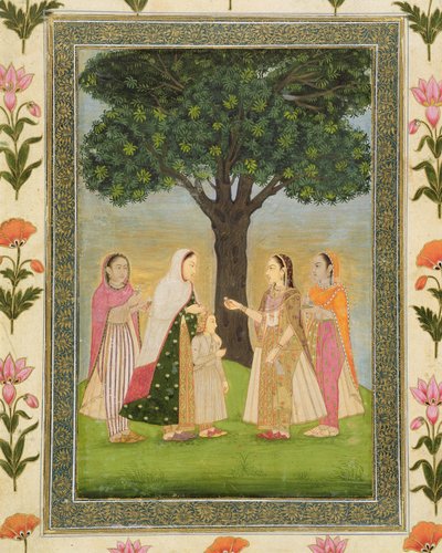 Four Ladies Meet by a Tree, from the Small Clive Album by Mughal School